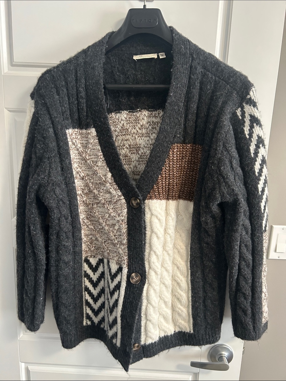 RD Style Patchwork Cardigan Sweater - Charcoal/White/Brown